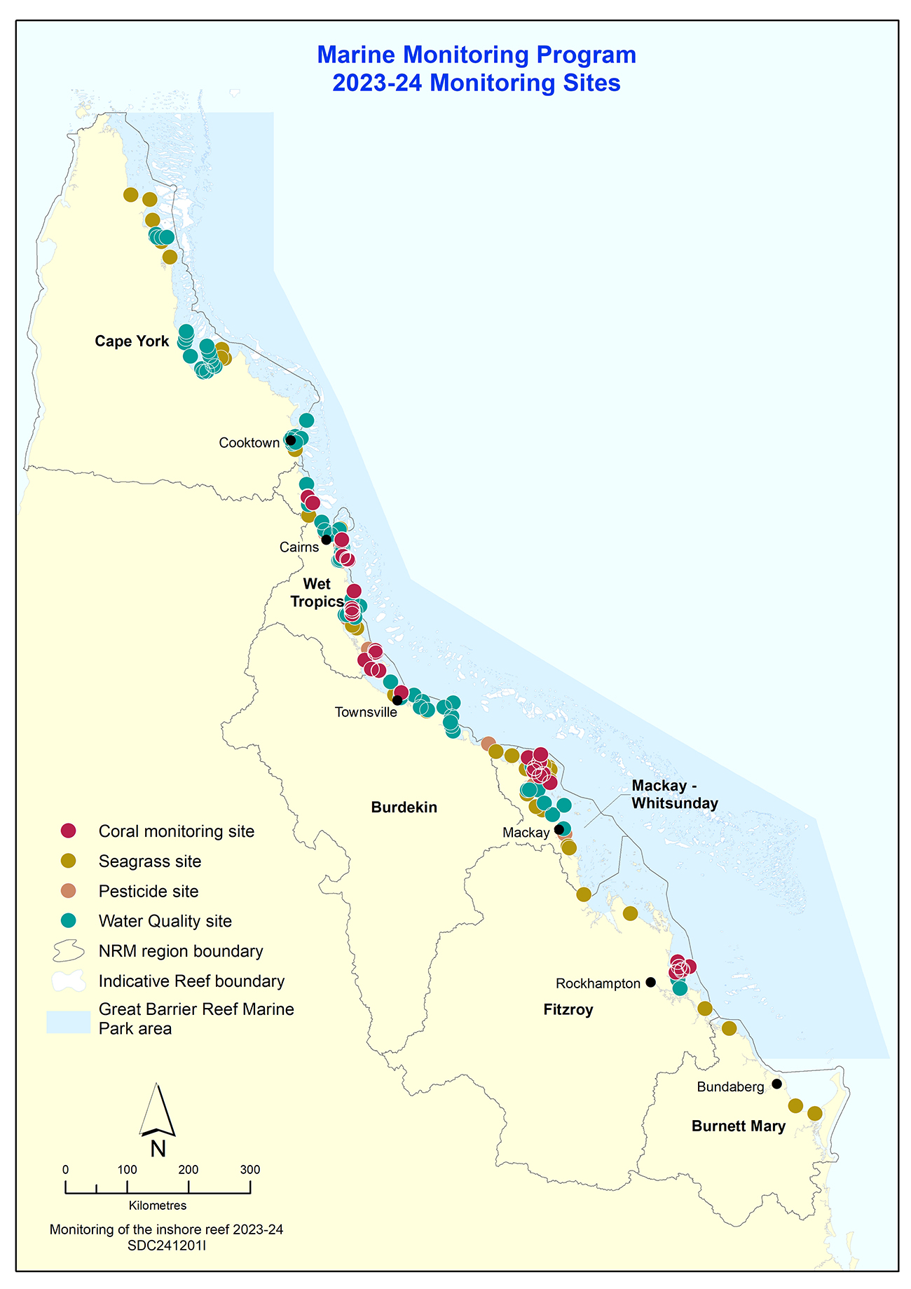 map of 2023-2024 water quality moitoring sites along the inshore reefs of the great barrier reef