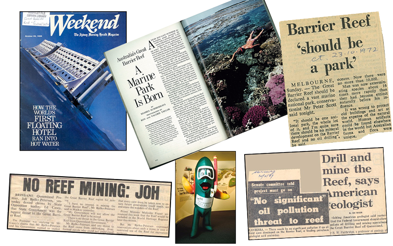 Various newspaper clippings and magazine covers relating to the Great Barrier Reef