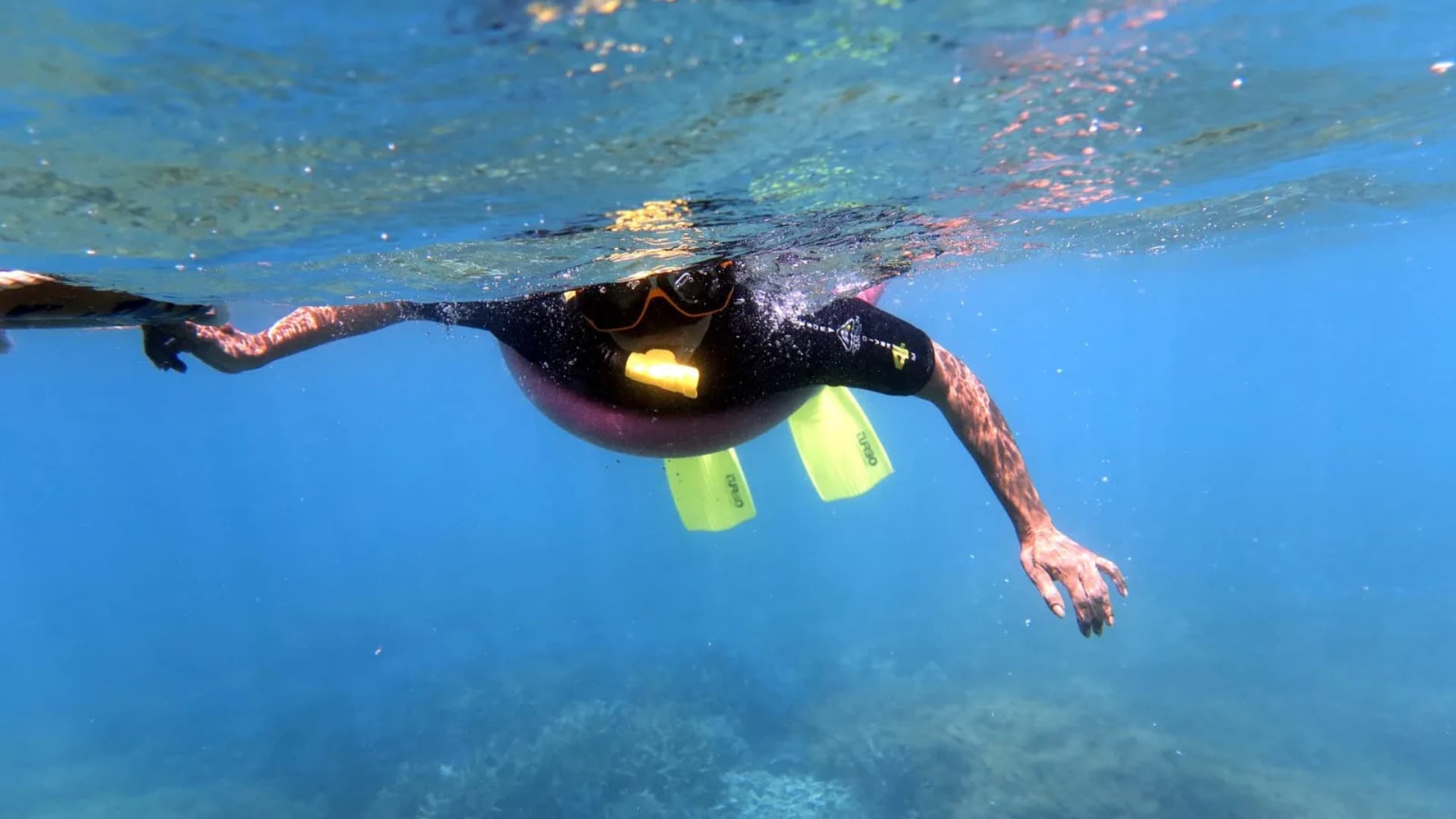 A photo of a woman snorkelling on the Great Barrier Reef.