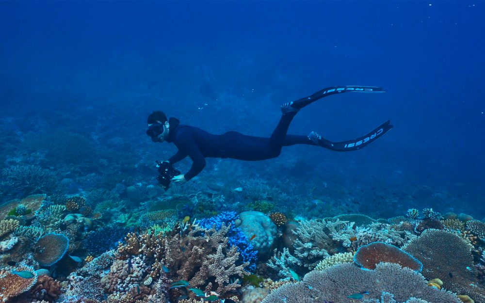 Man snorkels with camera underwater