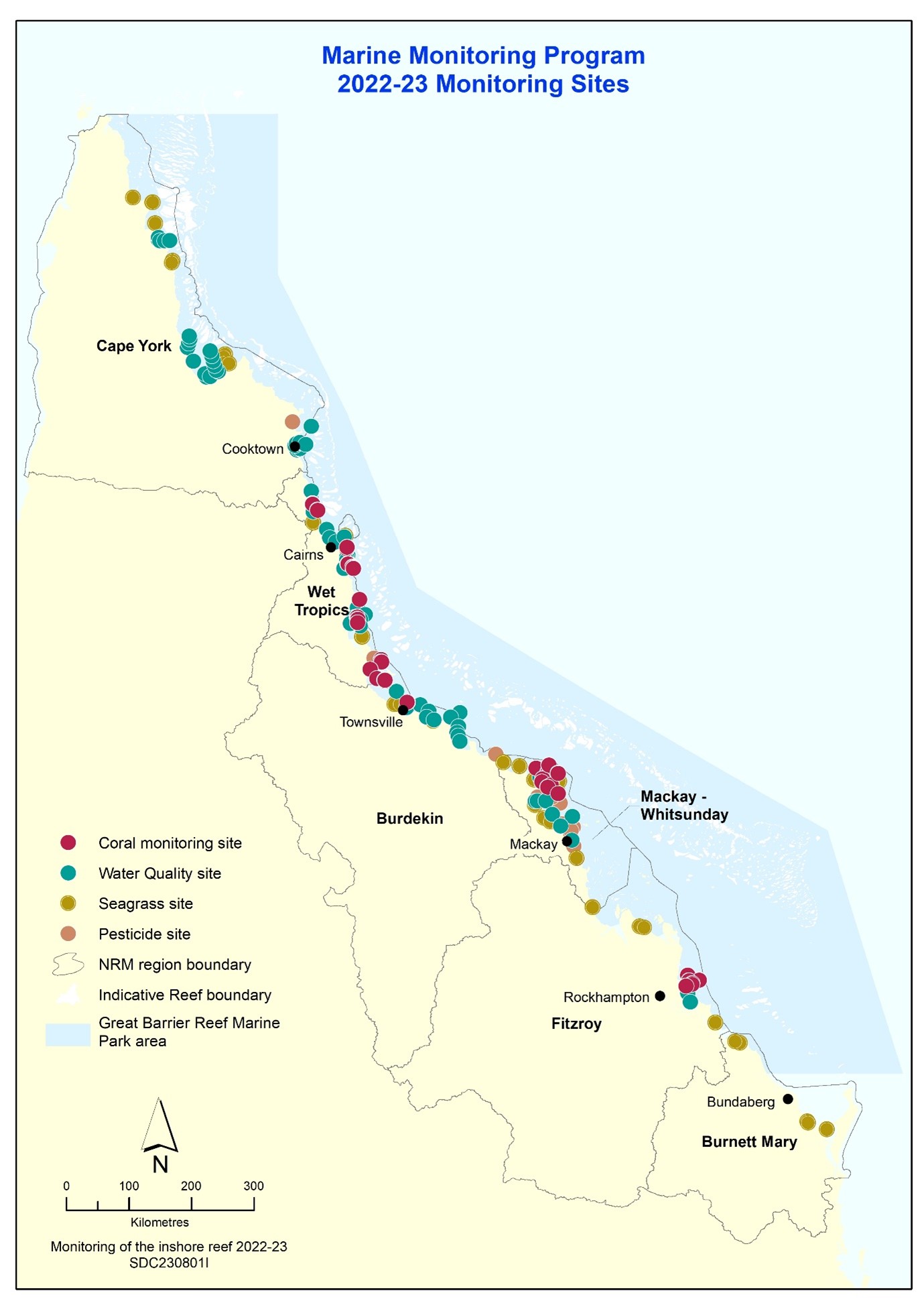 Map titled 'Marine Monitoring Program 2022-23 Monitoring Sites' showing the locations of coral monitoring sites, water quality sites, seagrass sites, and pesticide sites along the Great Barrier Reef coast from Cape York to Burnett Mary. Different colored dots represent different types of monitoring sites. The map includes major towns and regions