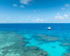 A white boat floats over coral gardens in turquoise water. (C): Commonwealth of Australia: Reef Authority
