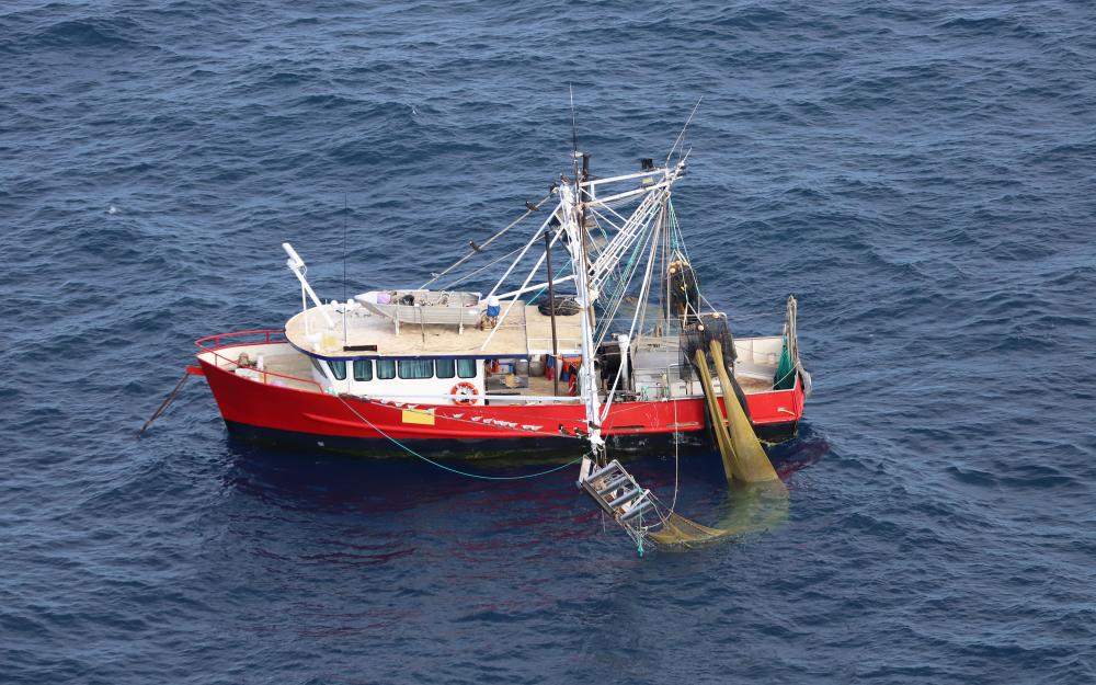 Trawler with large net alongside vessel