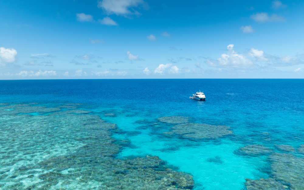 A white boat floats over coral gardens in turquoise water. (C): Commonwealth of Australia: Reef Authority