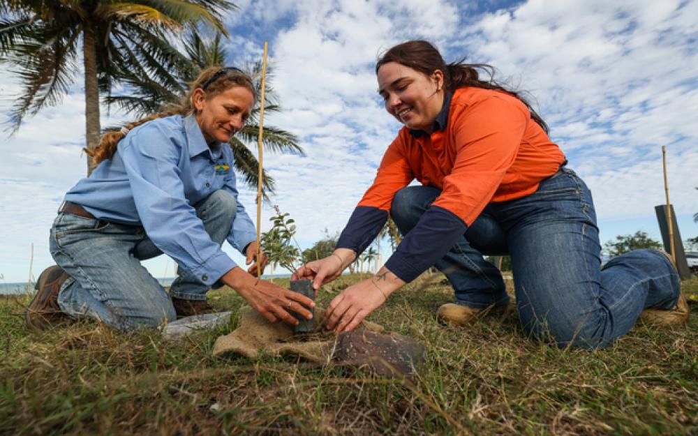 Two women kneeling to plant a small tree outdoors