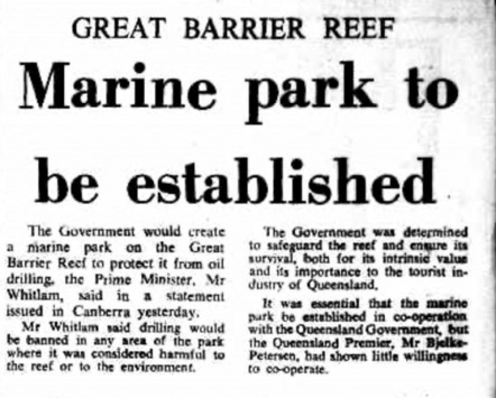 Canberra Times newspaper article announces that Marine Park to be established