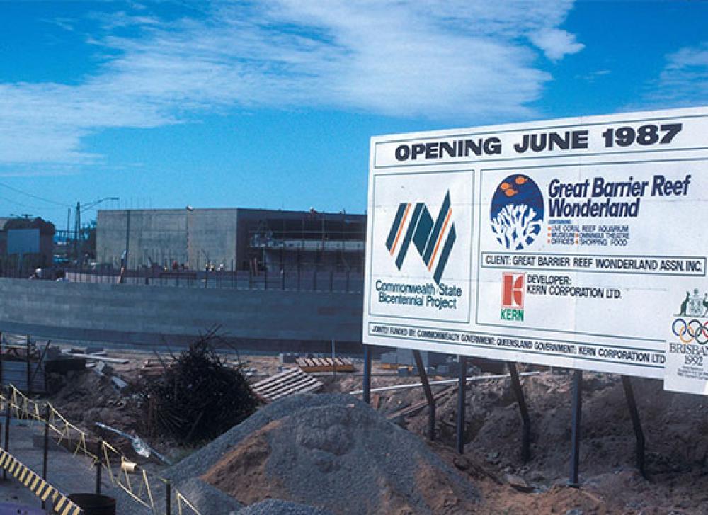 Great Barrier Reef Wonderland under construction with sign stating 'Opening June 1987'