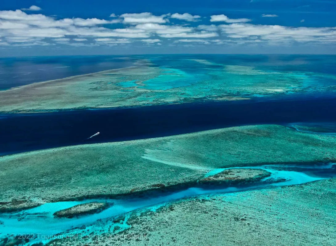 Aerial photograph of the Great Barrier Reef and deep ocean Soft coral photo found on the Great Barrier Reef – Australia - © Tourism and Events Queensland